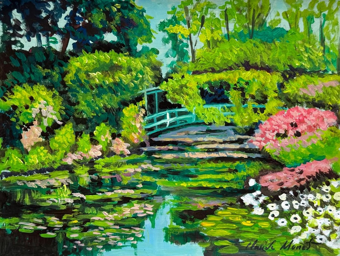 Claude Monet French (Mixed media on Paper Painting) In the style of: Mixed media painting on paper, rendered in the style of Claude Monet. Measures: 8.5” x 11” Inches aprox. Provenance: Private Collection."In the style of" means after the artist. Monet live