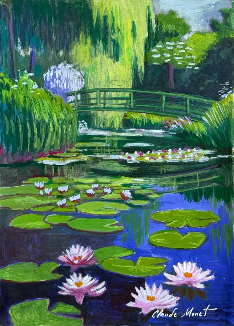 Claude Monet French (Mixed media on Paper Painting) In the style of: Mixed media painting on paper, rendered in the style of Claude Monet. Measures: 8” x 11” Inches aprox. Provenance: Private Collection."In the style of" means after the artist. Monet lived 