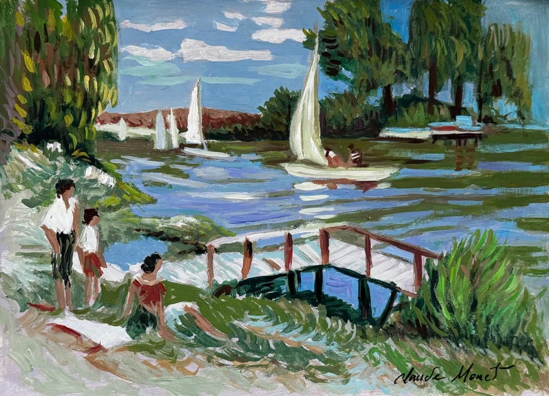 Claude Monet French (Mixed media on Paper Painting) In the style of: Mixed media painting on paper, rendered in the style of Claude Monet. Measures: 8” x 11” Inches aprox. Provenance: Private Collection."In the style of" means after the artist. Monet lived 