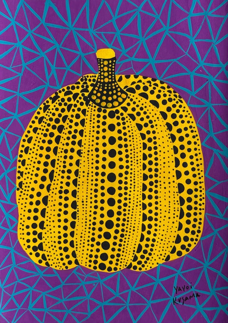 Yayoi Kusama (Mixed media on Paper Painting) In the style of: Mixed media painting on paper, rendered in the style of Yayoi Kusama. Measures: 8” x 11” Inches aprox. Provenance: Private Collection."In the style of" means after the artist. Kusama born 