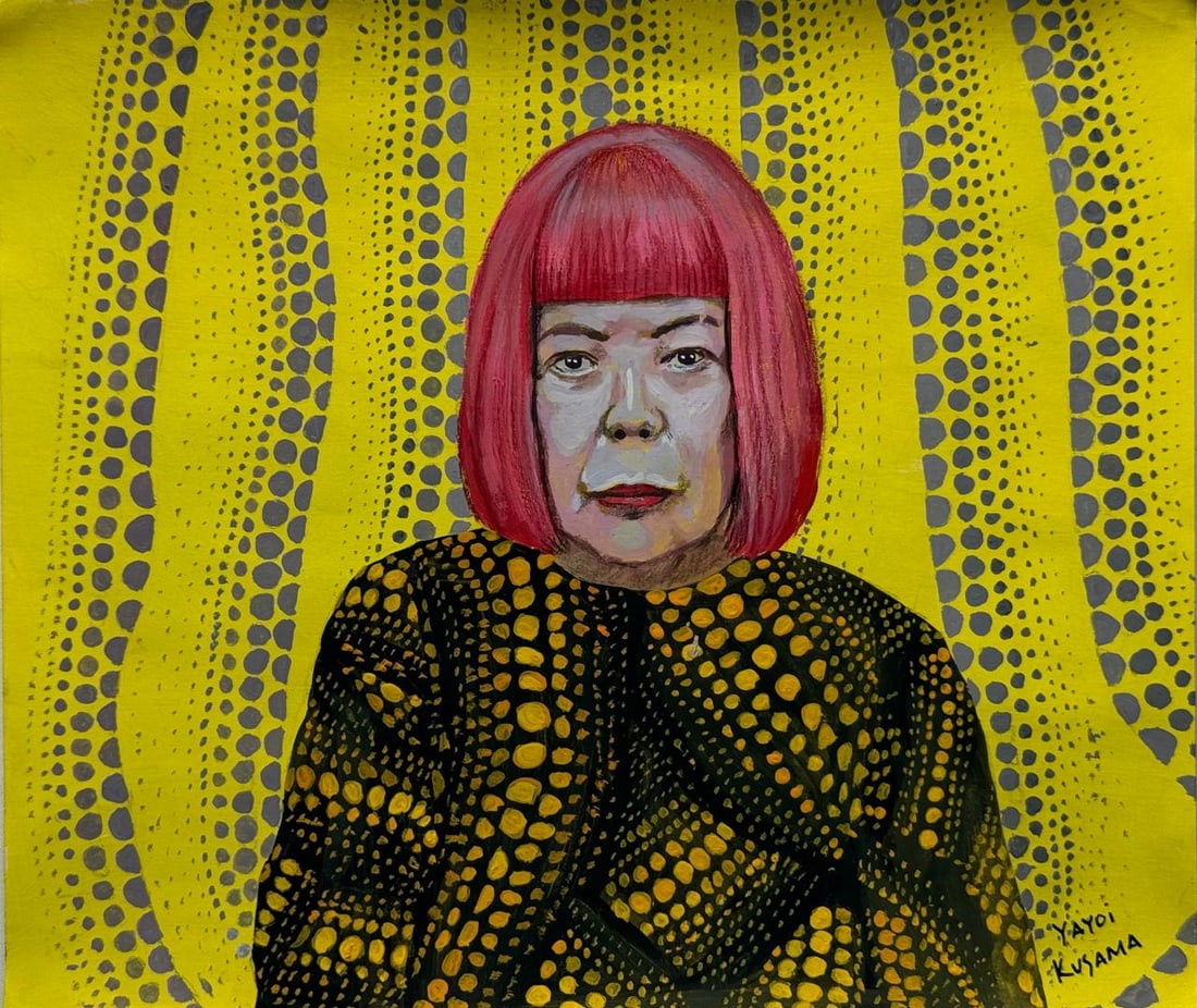 Yayoi Kusama (Mixed media on Paper Painting) In the style of: Mixed media painting on paper, rendered in the style of Yayoi Kusama. Measures: 10.5” x 12” Inches aprox. Provenance: Private Collection."In the style of" means after the artist. Kusama bo