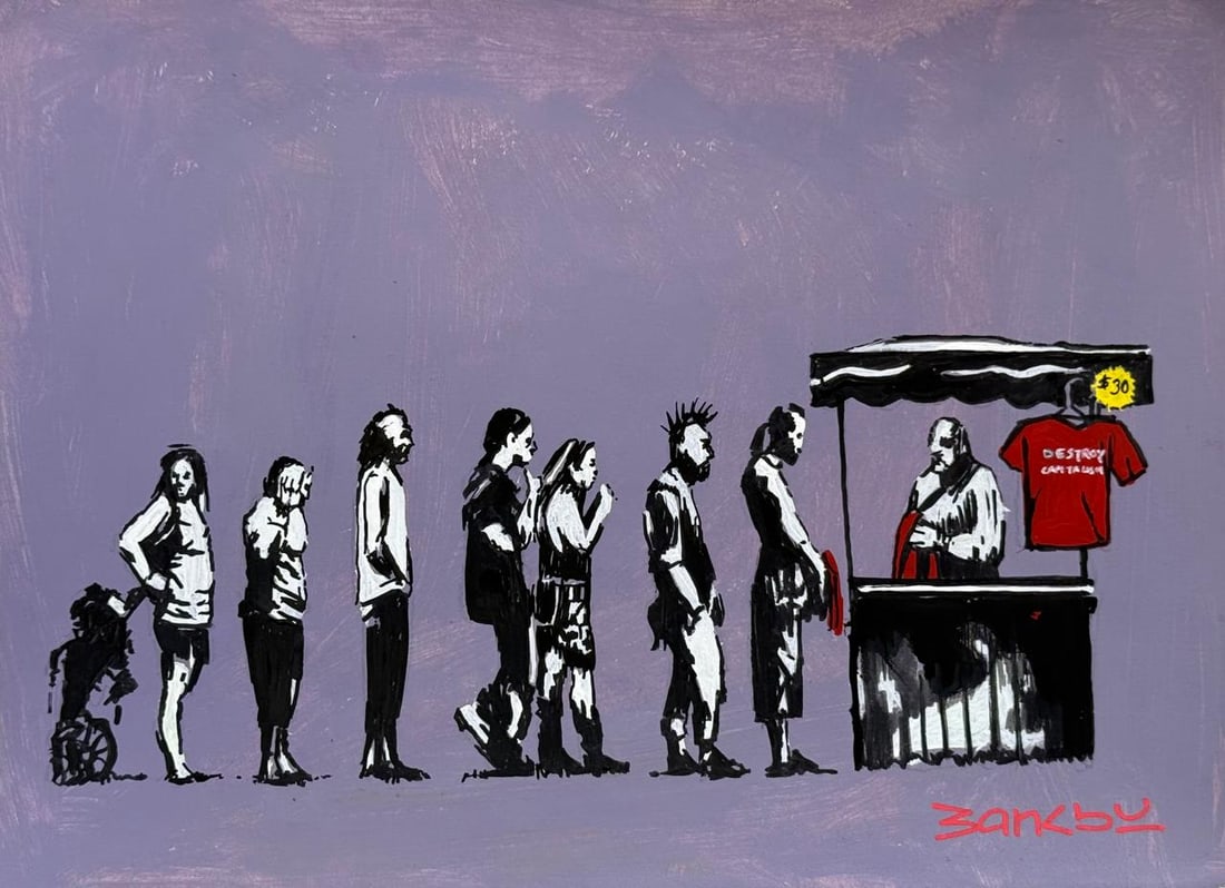 Banksy (Mixed media on Paper Painting) In the style of: Mixed media painting on paper, rendered in the style of Banksy. Measures: 7.5” x 10.5” Inches aprox. Provenance: Private Collection."In the style of" means after the artist. Banksy is the 