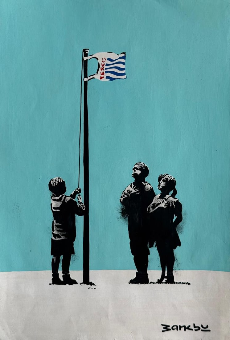Banksy (Mixed media on Paper Painting) In the style of: Mixed media painting on paper, rendered in the style of Banksy. Measures: 8” x 11.5” Inches aprox. Provenance: Private Collection."In the style of" means after the artist. Banksy is the ps