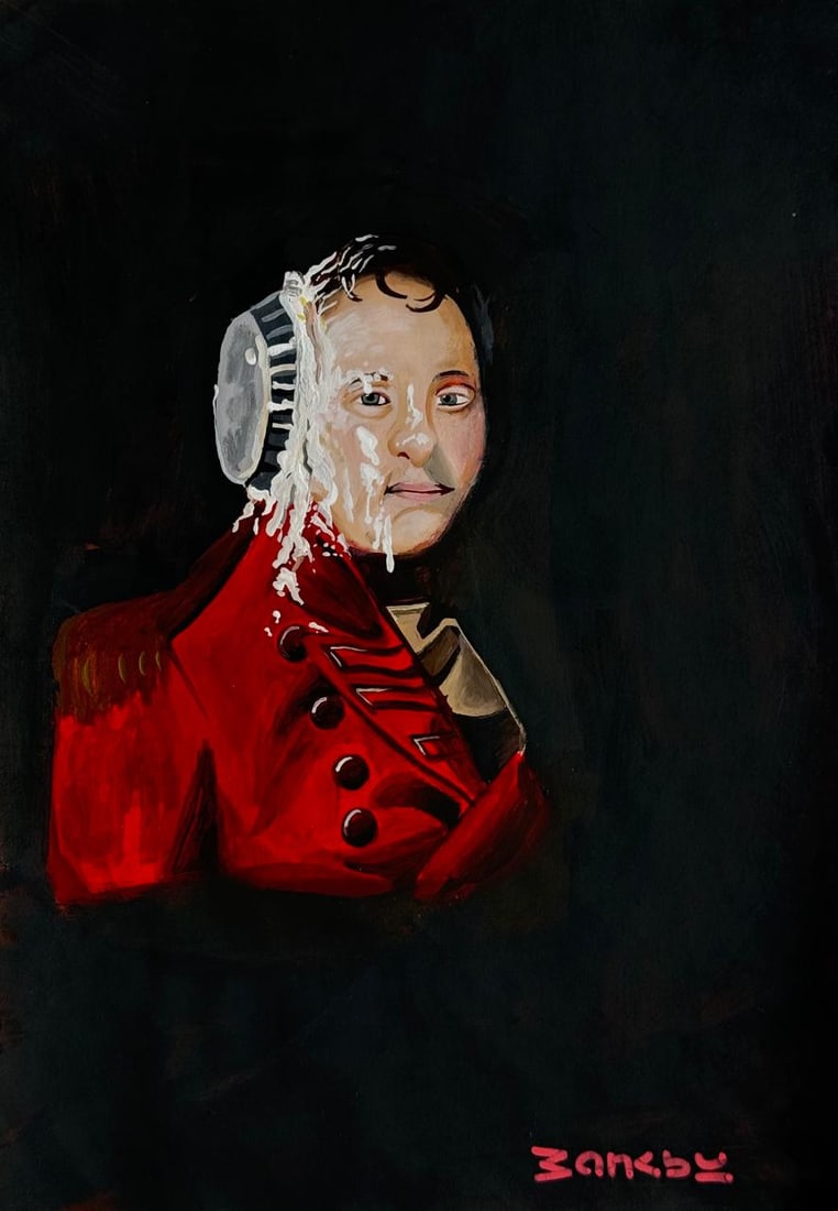 Banksy (Mixed media on Paper Painting) In the style of: Mixed media painting on paper, rendered in the style of Banksy. Measures: 8” x 12” Inches aprox. Provenance: Private Collection."In the style of" means after the artist. Banksy is the pseu