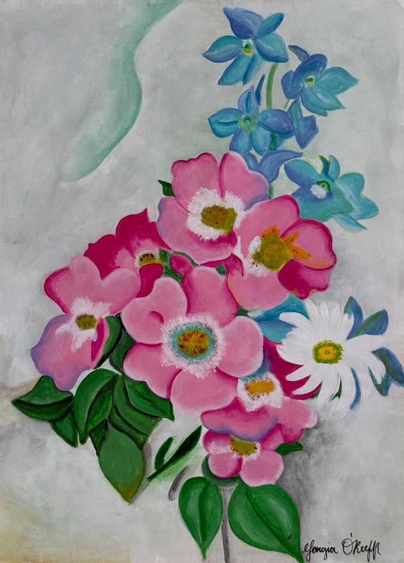 Georgia O'Keeffe (Mixed Media On Paper Painting) In the style of: Mixed media painting on paper, rendered in the style of Georgia O'Keeffe. Measures: 8” x 11” Inches aprox. Provenance: Private Collection. "In the style of" means after the artist. O'Keeff