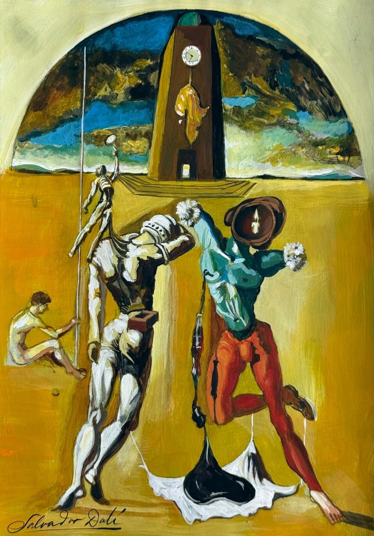 Salvador Dali Spanish (Mixed Media On Paper Painting) In the style of: Mixed media painting on paper,Rendered in the style of Salvador Dali. Measures: 8.5” x 11.5” Inches aprox. Provenance: Private Collection."In the style of" means after the artist. Dali liv