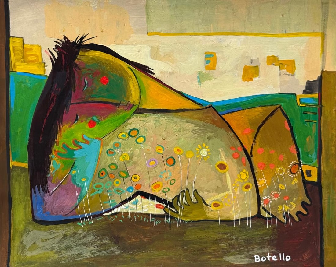 Angel Botello (Mixed media on Paper Painting) In the style of: Mixed media painting on paper, rendered in the style of Angel Botello. Measures: 8.5” x 10.5” Inches aprox. Provenance: Private Collection."In the style of" means after the artist. Botello