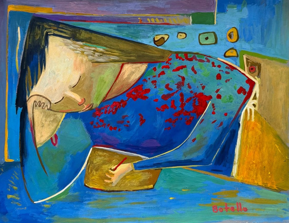 Angel Botello (Mixed media on Paper Painting) In the style of: Mixed media painting on paper, rendered in the style of Angel Botello. Measures: 8.5” x 11.5” Inches aprox. Provenance: Private Collection."In the style of" means after the artist. Botello