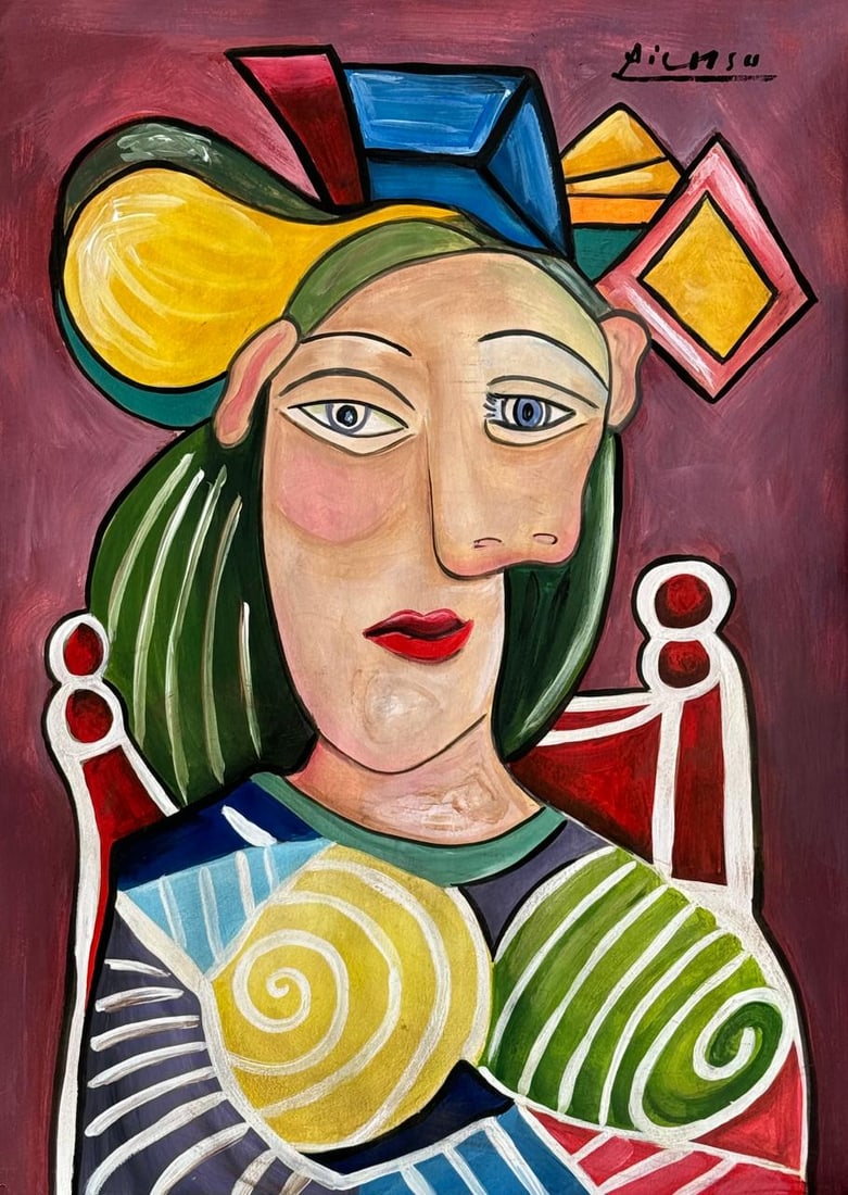 Pablo Picasso Spanish (Mixed media on Paper Painting) In the style of: Mixed media painting on paper, rendered in the style of Pablo Picasso. Measures: 8.5” x 12” Inches aprox. Provenance: Private Collection."In the style of" means after the artist. Picasso l
