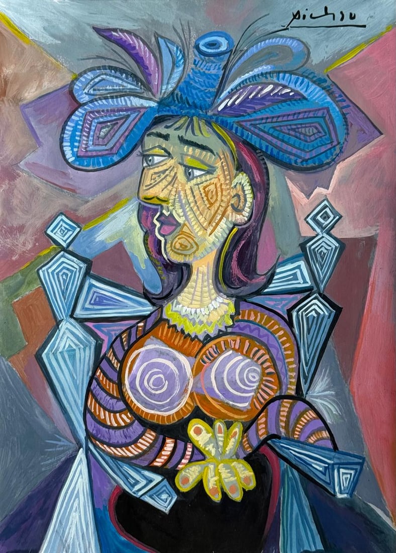 Pablo Picasso Spanish (Mixed media on Paper Painting) In the style of: Mixed media painting on paper, rendered in the style of Pablo Picasso. Measures: 8” x 11” Inches aprox. Provenance: Private Collection."In the style of" means after the artist. Picasso liv