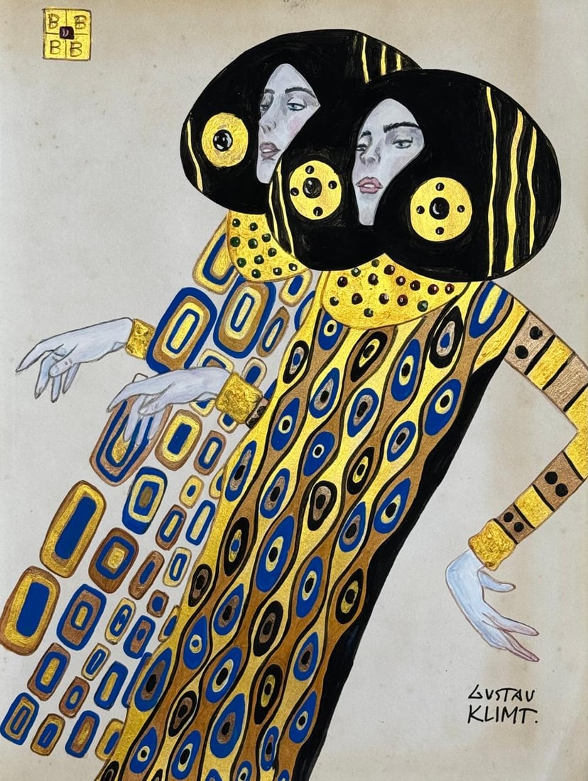 Gustav Klimt Austrian (Mixed media on Paper Painting) In the style of: Mixed media painting on paper, rendered in the style of Gustav Klimt. Measures: 8.5” x 11.5” Inches aprox. Provenance: Private Collection."In the style of" means after the artist. Klimt li