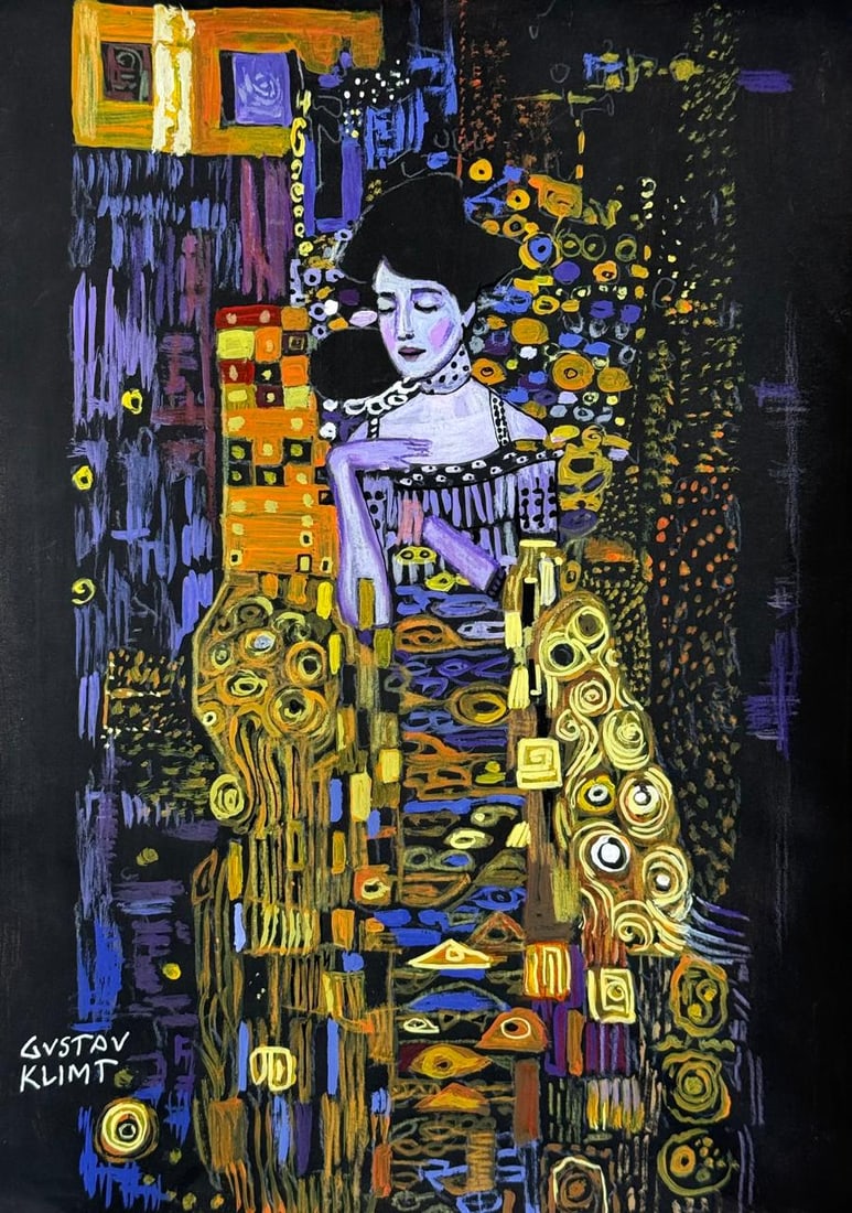 Gustav Klimt Austrian (Mixed media on Paper Painting) In the style of: Mixed media painting on paper, rendered in the style of Gustav Klimt. Measures: 8.5” x 12” Inches aprox. Provenance: Private Collection."In the style of" means after the artist. Klimt live
