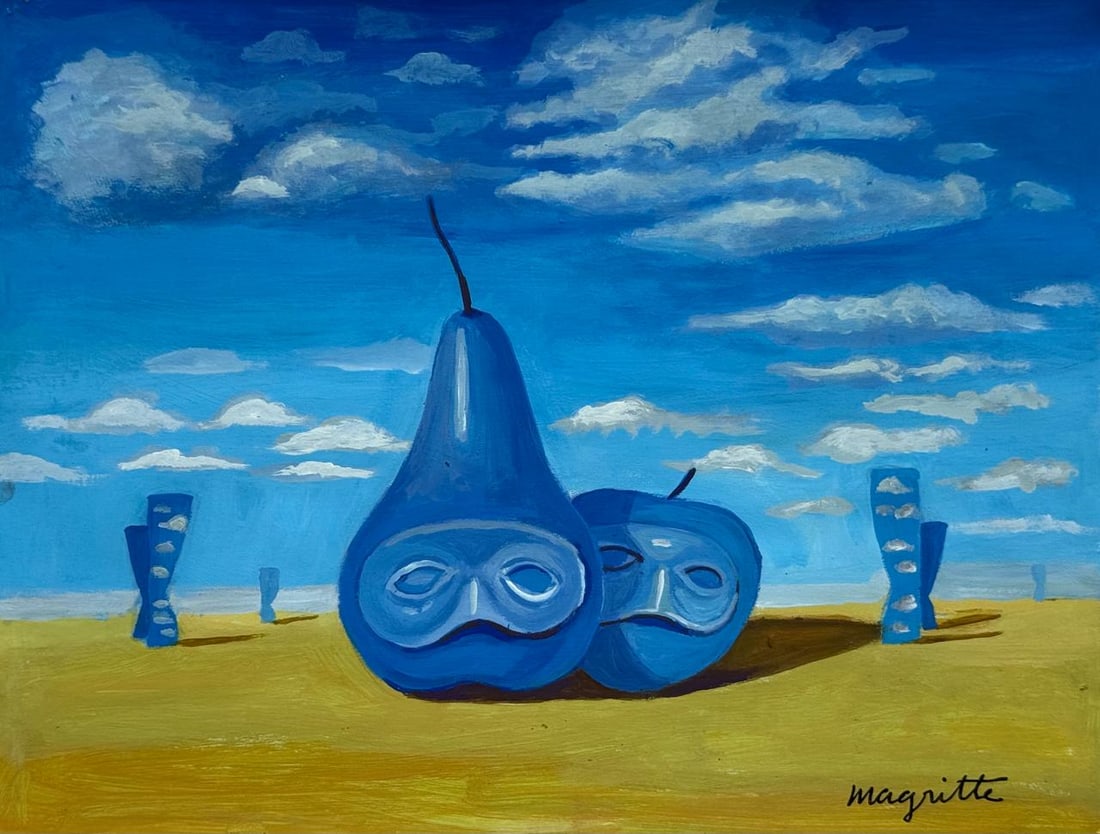 Rene Magritte (Mixed Media On Paper Painting) In the style of: Mixed media painting on paper, rendered in the style of Rene Magritte. Measures: 8.5” x 11” Inches aprox. Provenance: Private Collection. "In the style of" means after the artist. Magritte
