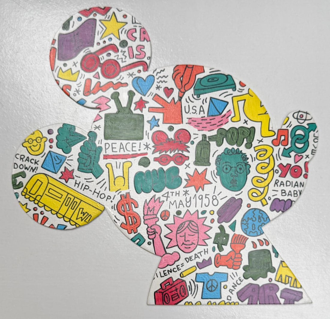 Keith Haring (Acrylic on wood Painting) In the style of: Acrylic on wood painting, rendered in the style of Keith Haring. Measures: 9.5” x 10” Inches aprox. Provenance: Private Collection N.Y."In the style of" means after the artist. Haring (04 