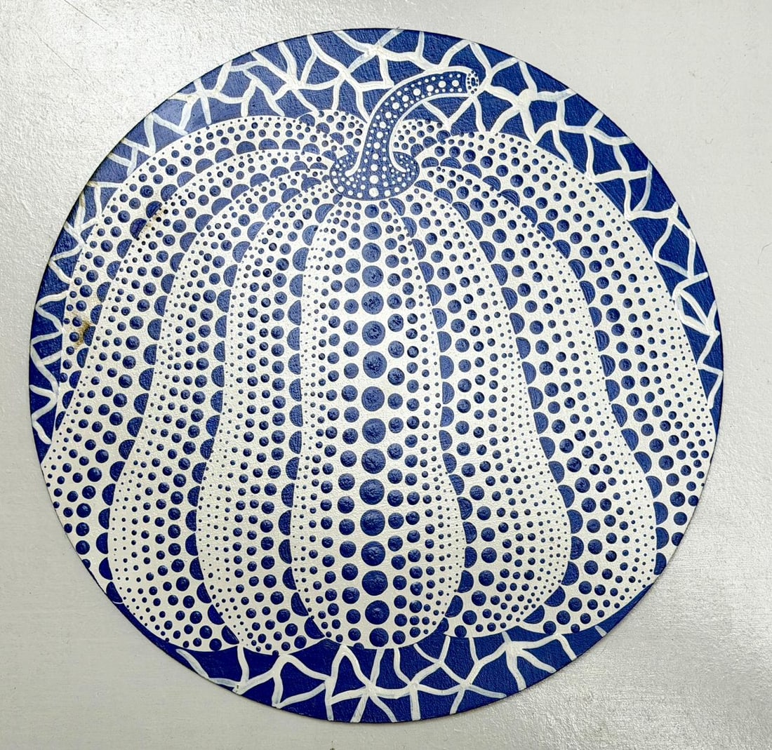 Yayoi Kusama (Acrylic on wood Painting) In the style of: Acrylic on wood painting, rendered in the style of Yayoi Kusama. Measures: 10” Inches in diameter. Provenance: Private Collection."In the style of" means after the artist. Kusama, born 22 March 