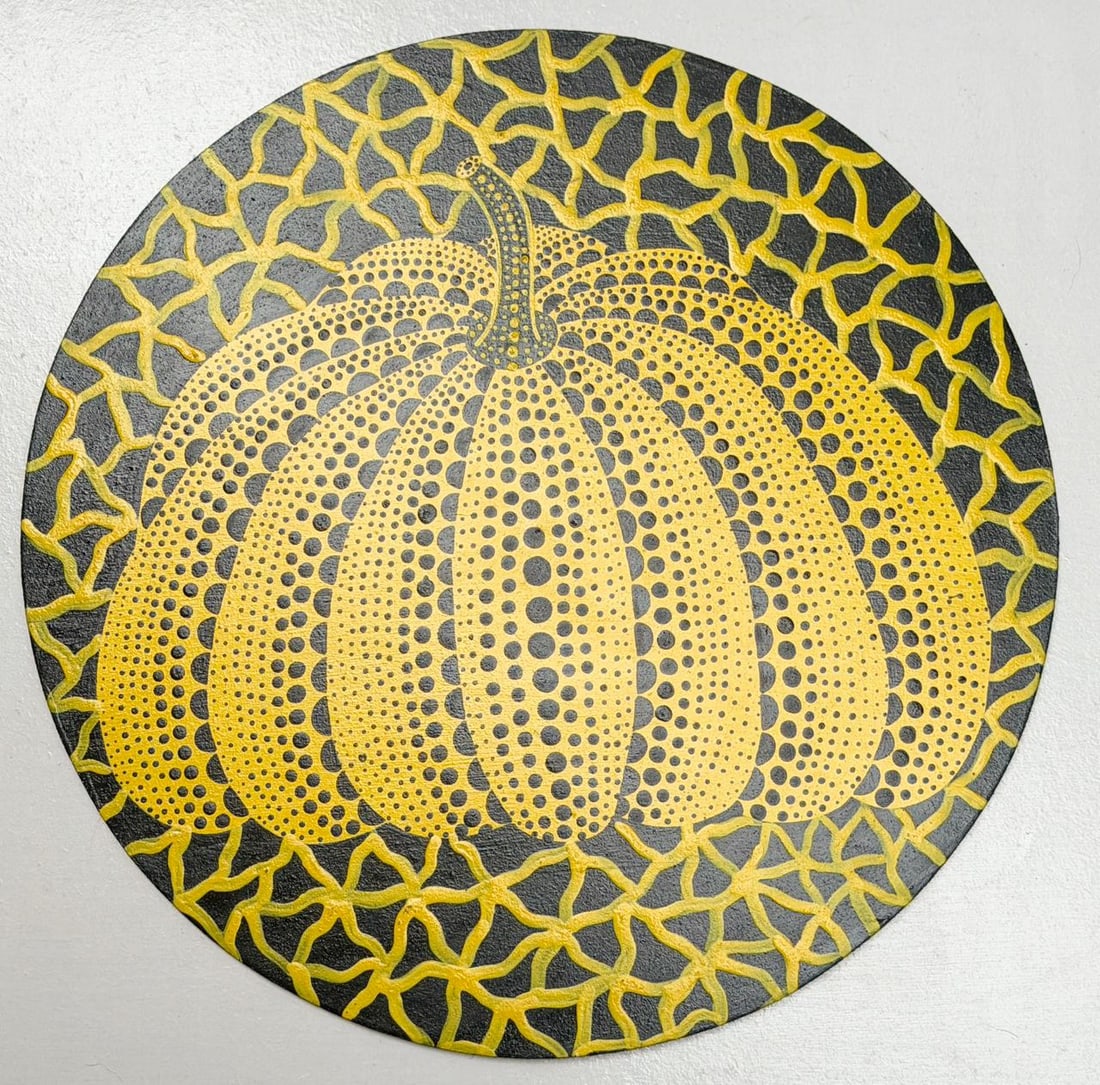 Yayoi Kusama (Acrylic on wood Painting) In the style of: Acrylic on wood painting, rendered in the style of Yayoi Kusama. Measures: 10” Inches in diameter. Provenance: Private Collection."In the style of" means after the artist. Kusama, born 22 March 