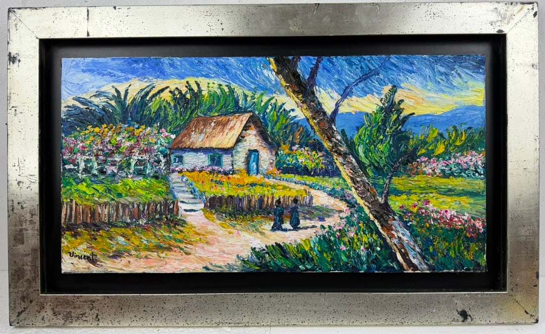 Vincent Van Gogh Dutch (Oil on Canvas Painting) in the style of: Rendered in the style of Vincent Van Gogh. Technique: Oil on Canvas Painting. Measures: 18" x 30" Inches. Provenance:Private Collection. "In the style of" means after the artist. The work is framed. V