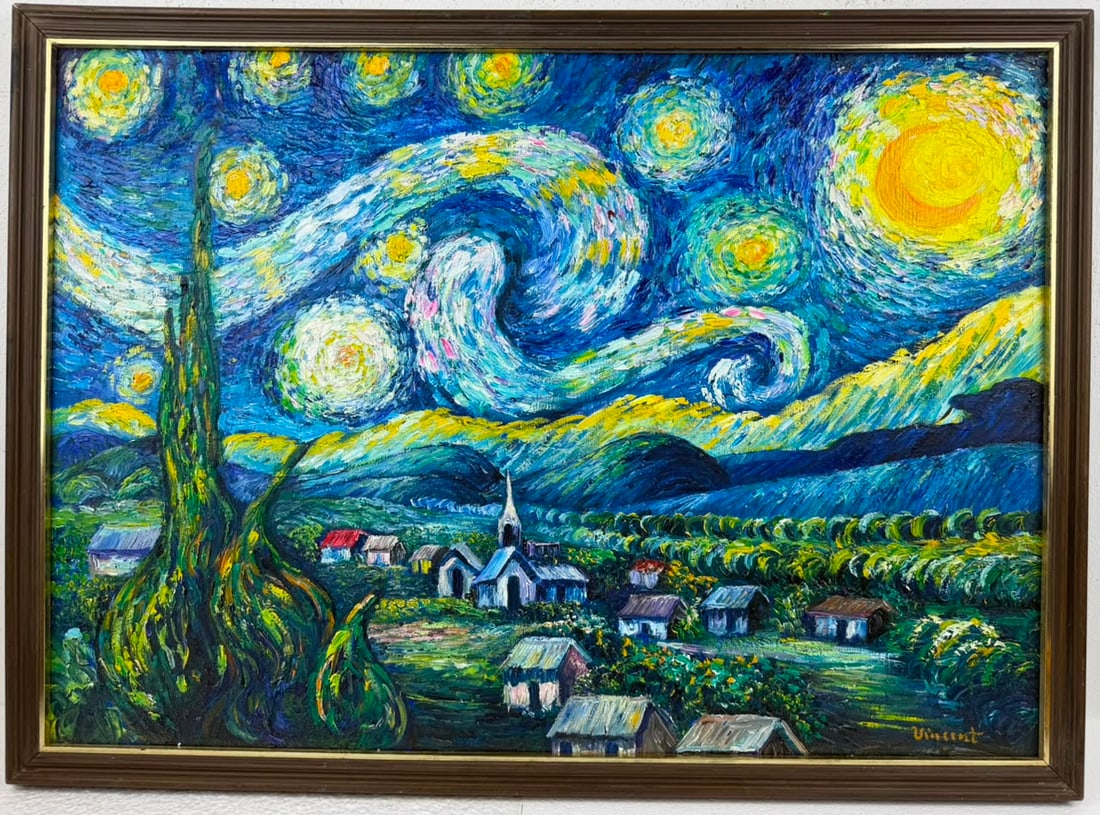 Vincent Van Gogh Dutch (Oil on Cardboard Painting) in the style of: Rendered in the style of Vincent Van Gogh. Technique: Oil on Cardboard Painting. Measures: 23" x 32" Inches. Provenance:Private Collection. "In the style of" means after the artist. The work is framed