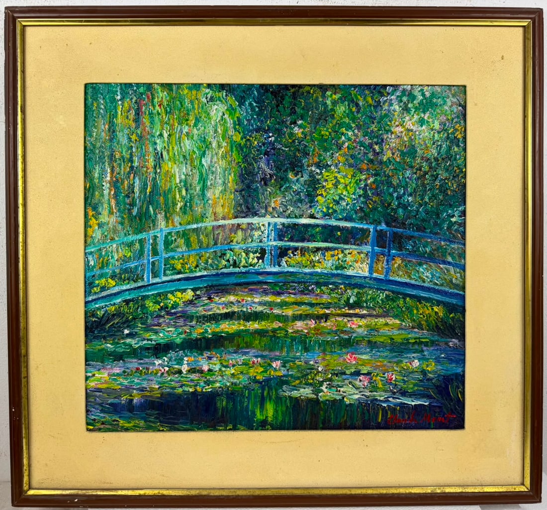 Claude Monet French (Oil on Cardboard Painting) in the style of: Rendered in the style of Claude Monet. Technique: Oil on Cardboard painting. Measures: 26" x 27" Inches aprox. Provenance: Private collection. "In the style of" means after the artist. The artwork is 