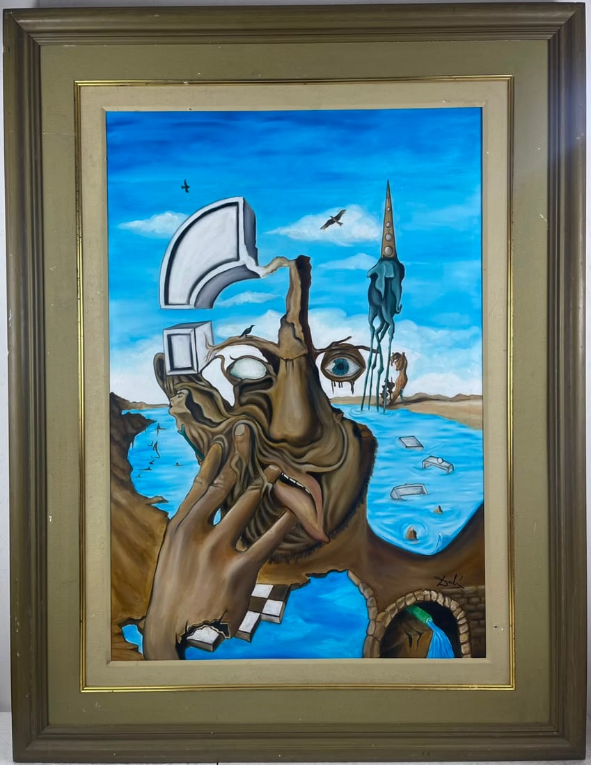 Salvador Dali Spanish (Oil on Canvas Painting) in the style of: Rendered in the style of Salvador Dali. Technique: Oil on Canvas painting. Measures: 35 x 46 Inches aprox. Provenance: Private collection. "In the style of" means after the artist. The artwork is fram