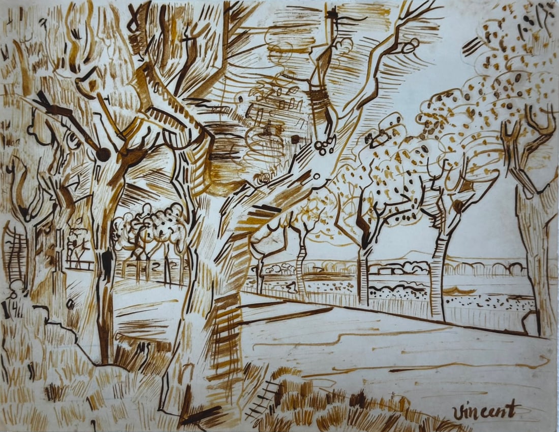 Vincent Van Gogh Dutch (Mixed Media on Paper Painting) In the style of: Mixed media painting on paper, rendered in the style of Vincent Van Gogh. Measures: 8” x 10.5” Inches aprox. Provenance: Private Collection."In the style of" means after the artist. Van Go