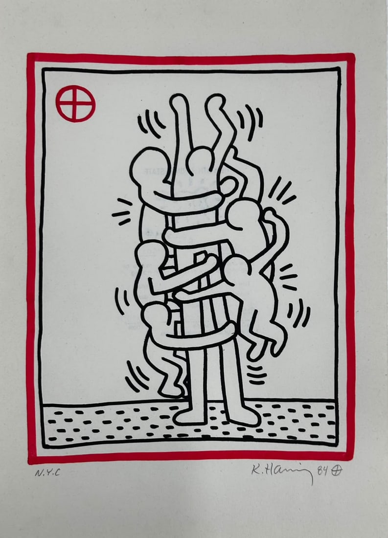 Keith Haring American (Mixed media on Paper Painting) In the style of: Mixed media painting on paper, rendered in the style of Keith Haring. Measures: 9.5” x 13.5” Inches aprox. Provenance: Private Collection."In the style of" means after the artist. Haring l