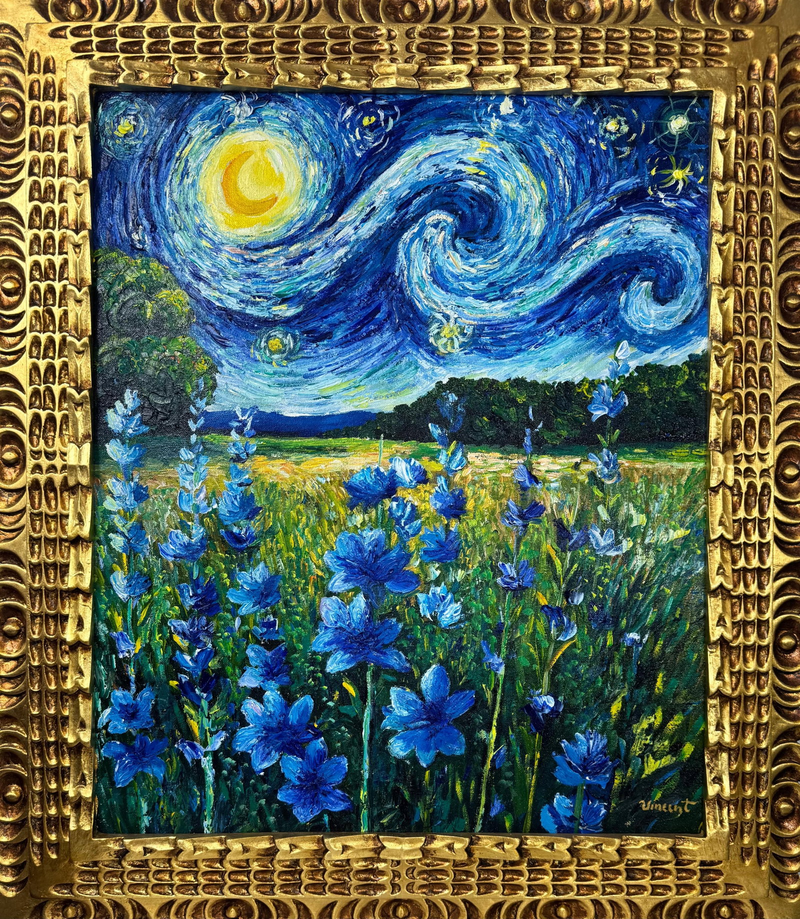Vincent Van Gogh Dutch (Oil on Canvas Painting) in the style of: Rendered in the style of Vincent Van Gogh. Technique: Oil on Canvas Painting. Measures: 25" x 29" Inches. Provenance:Private Collection. "In the style of" means after the artist. The work is framed. V