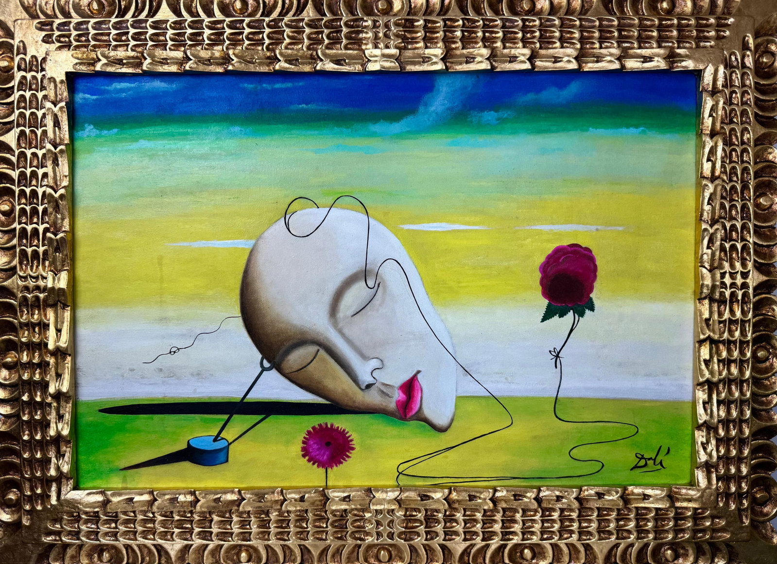 Salvador Dali Spanish (Oil on Canvas Painting) in the style of: Rendered in the style of Salvador Dali. Technique: Oil on Canvas painting. Measures: 21 x 29 Inches aprox. Provenance: Private collection. "In the style of" means after the artist. The artwork is fram
