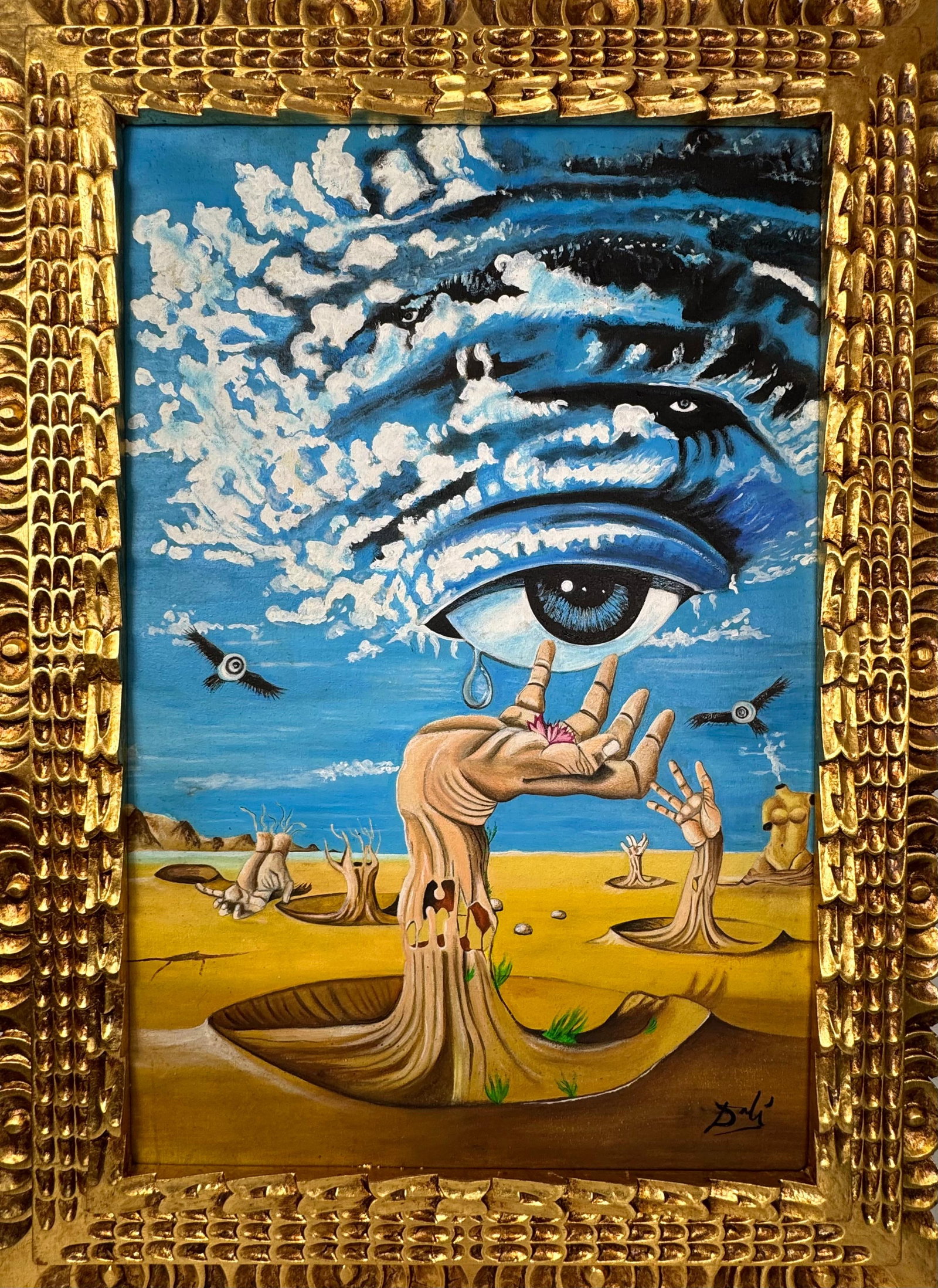 Salvador Dali Spanish (Oil on Canvas Painting) in the style of: Rendered in the style of Salvador Dali. Technique: Oil on Canvas painting. Measures: 21 x 29 Inches aprox. Provenance: Private collection. "In the style of" means after the artist. The artwork is fram