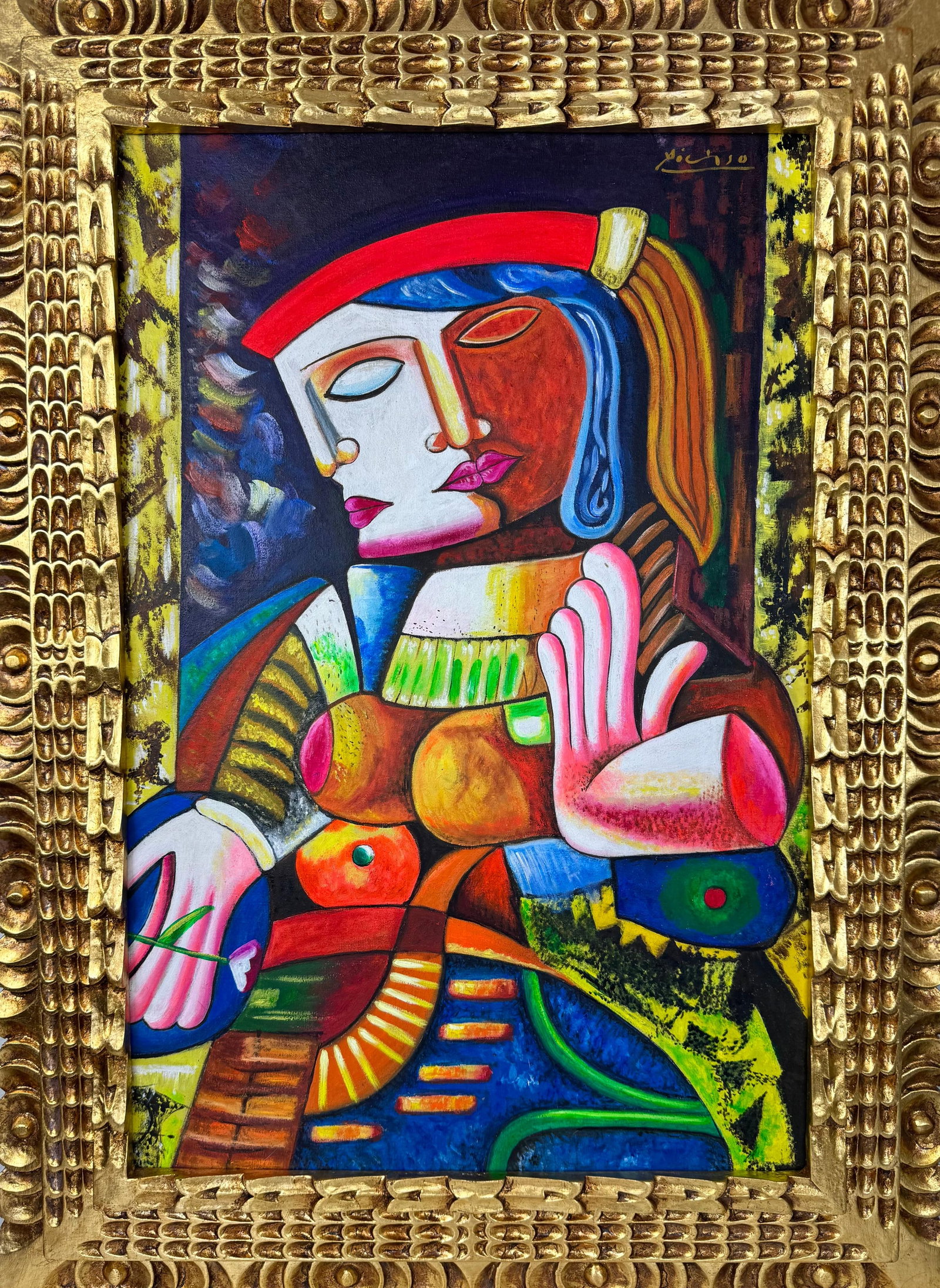 Pablo Picasso Spanish (Oil on Canvas Painting) In the style of: Rendered in the style of Pablo Picasso. Technique: Oil on Canvas painting. Measures: 21" x 29" Inches aprox. Provenance: Private collection."In the style of" means after the artist. The artwork is fra