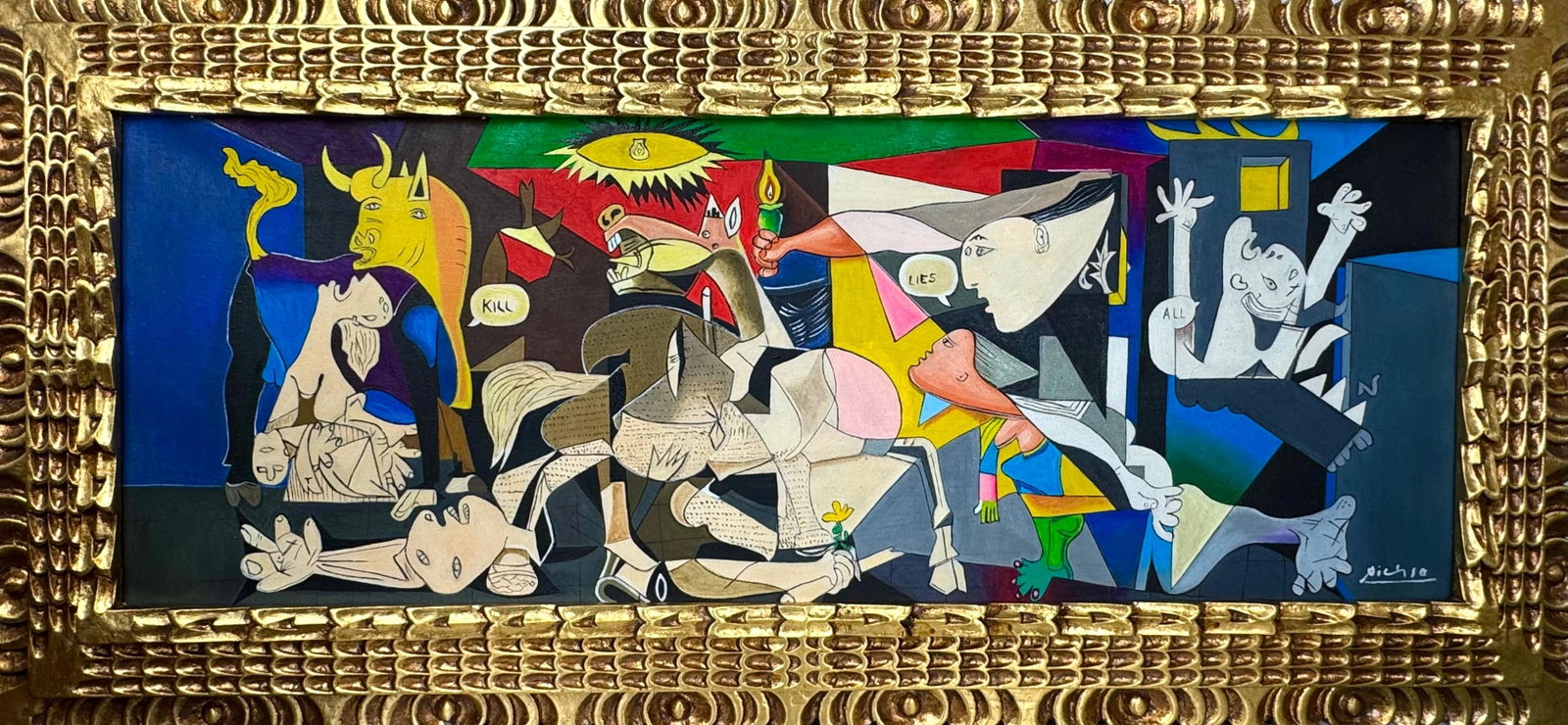 Pablo Picasso Spanish (Oil on Canvas Painting) In the style of: Rendered in the style of Pablo Picasso. Technique: Oil on Canvas painting. Measures: 17.5" x 37" Inches aprox. Provenance: Private collection."In the style of" means after the artist. The artwork is f