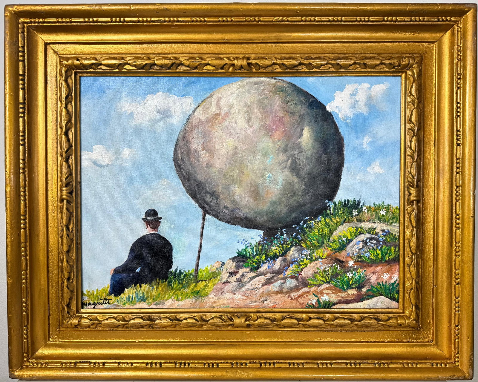Rene Magritte (Oil on Canvas Painting) in the style of: Rendered in the style of Rene Magritte. Technique: Oil on Canvas painting. Measures: 20.5 x 25 Inches aprox. Provenance: Private collection. "In the style of" means after the artist. The artwork is fr