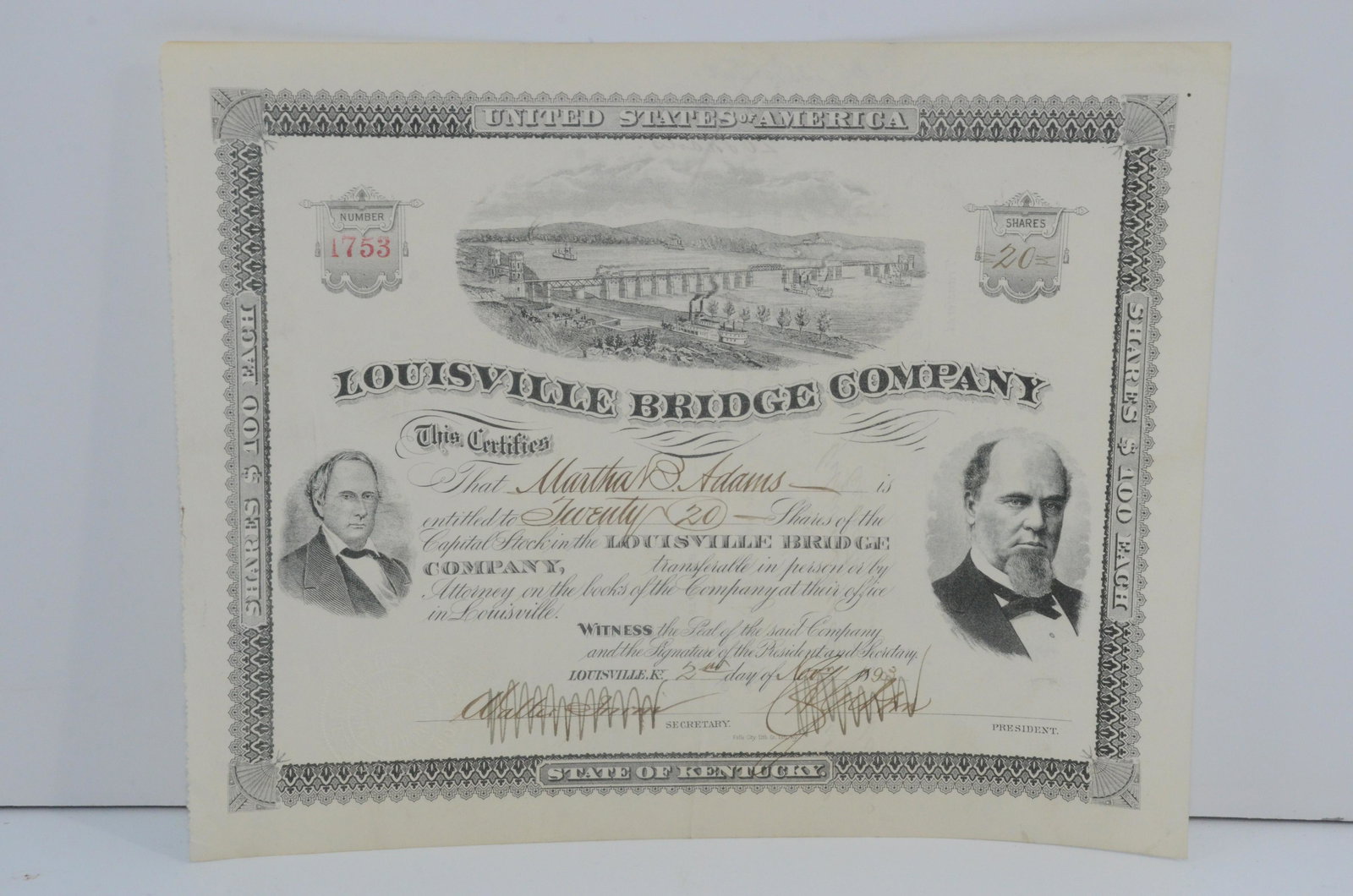 Louisville Bridge Company November 1893 Stock Certificate (1 of 2)