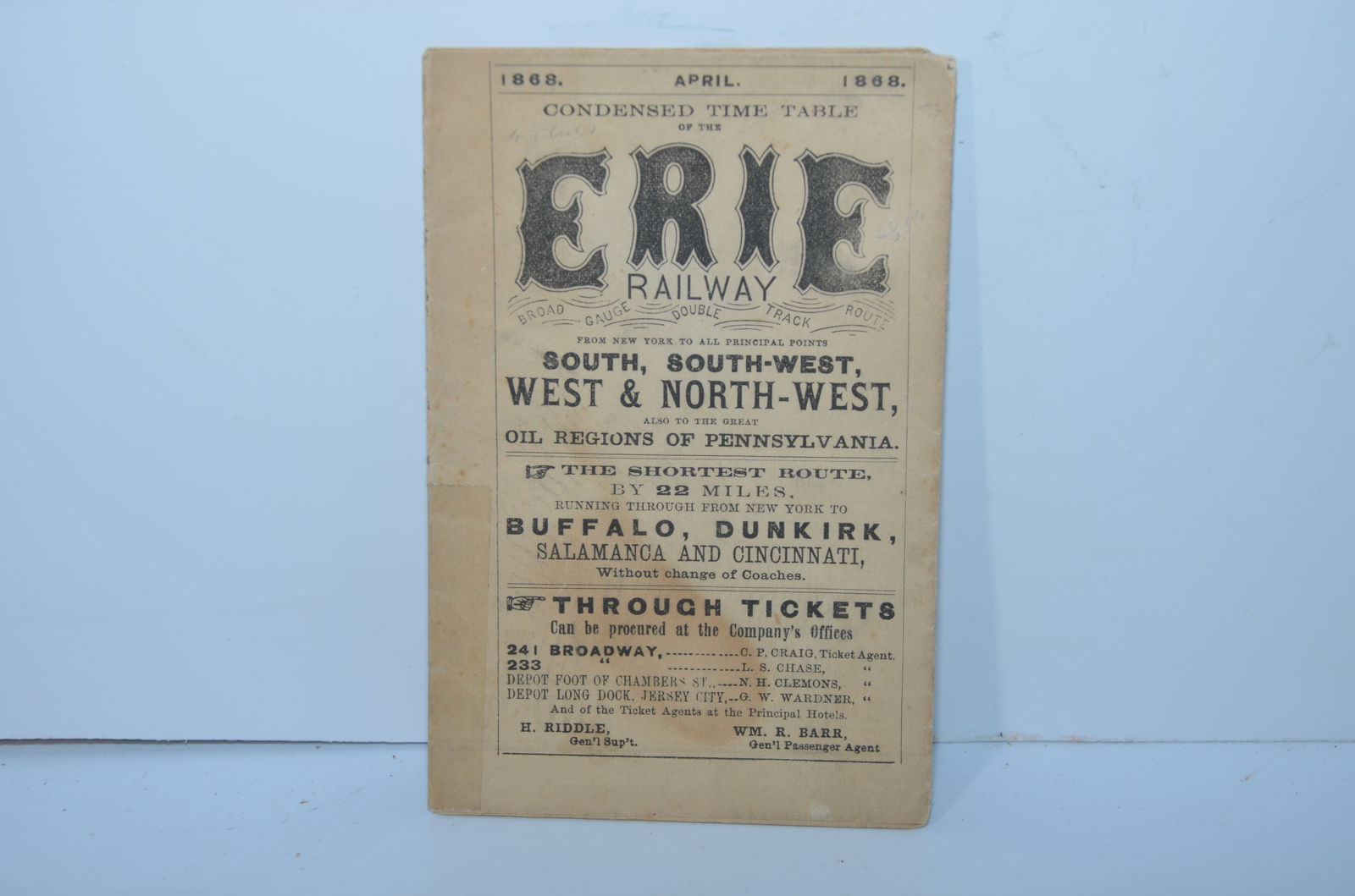 Erie Rr April 1868 Public Timetable Auction