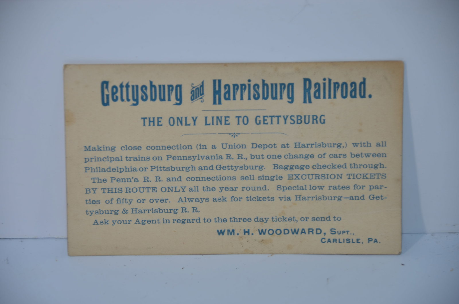 Gettysburg and Harrisburg RR Pocket-Sized Timetable-June-July 1888 (1 of 2)