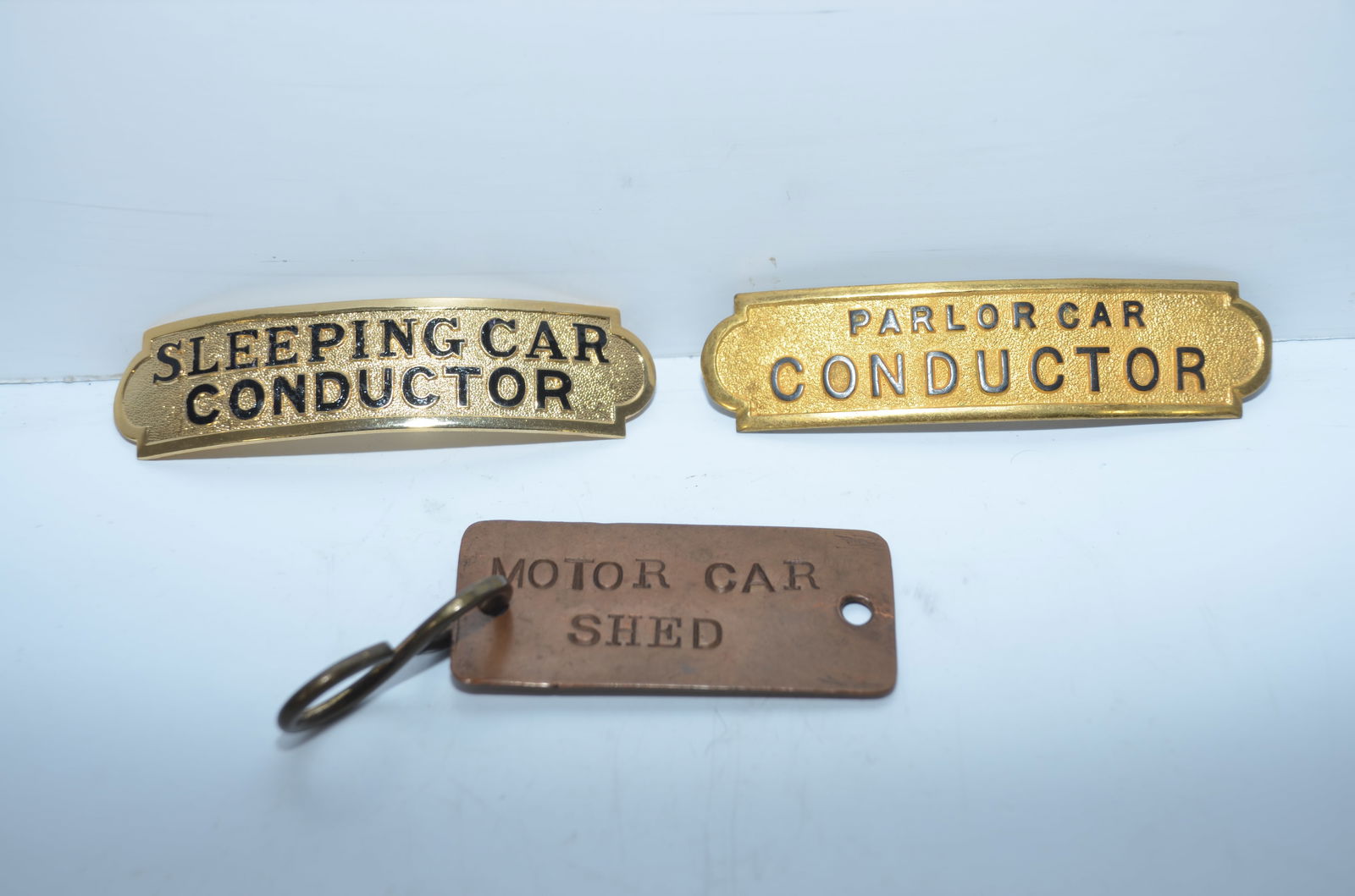 Two Different Brass Railroad Hat Badges; Motor Car Shed Brass Tag (1 of 2)