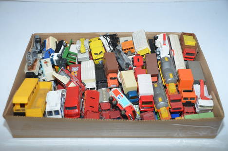 Over 50 Used Semi Trucks, Delivery Trucks, and Other Trucks-Lot 2: This is a lot of over 50 used semi, delivery, work, and other trucks that were removed from an HO scale model train layout. These are from many different manufacturers, including Matchbox, Hot