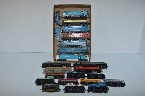 Twenty-Three Mixed Used Working Locomotives-HO Scale: This is a lot of 23 used working locomotives in HO scale. Roads represented include Rock Island, Conrail, General Electric, Delaware and Hudson, Erie Lackawanna, Union Pacific, Lehigh Valley, New Have