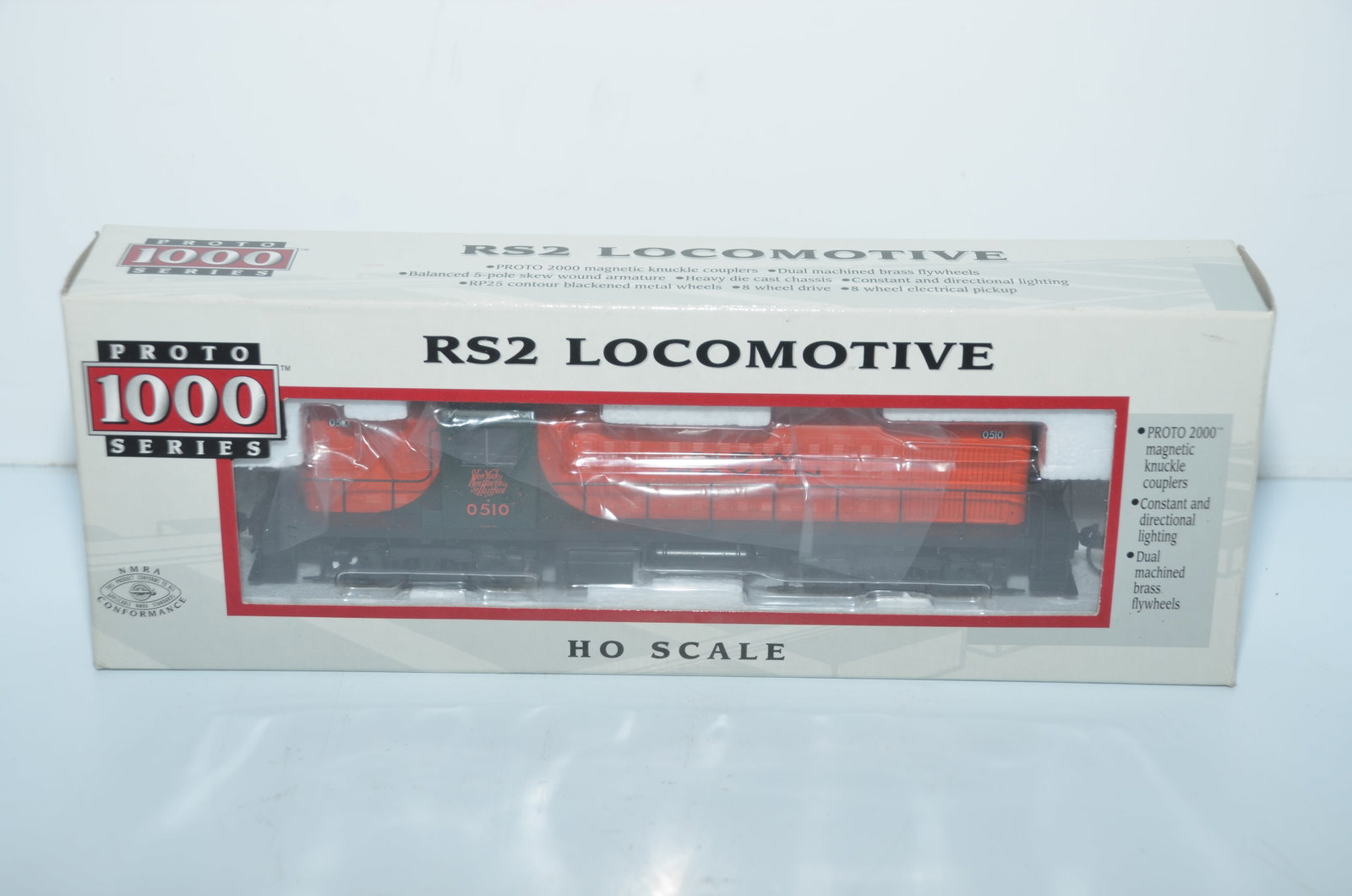 New Haven RR Life-Like Proto 1000 Alco RS2 DC Diesel Locomotive #0510-HO Scale: This is a New Haven Railroad Life-Like Proto 1000 Alco RS2 DC diesel locomotive #0510 in HO scale. New in the original box! It has been tested and will need to be serviced to run well.