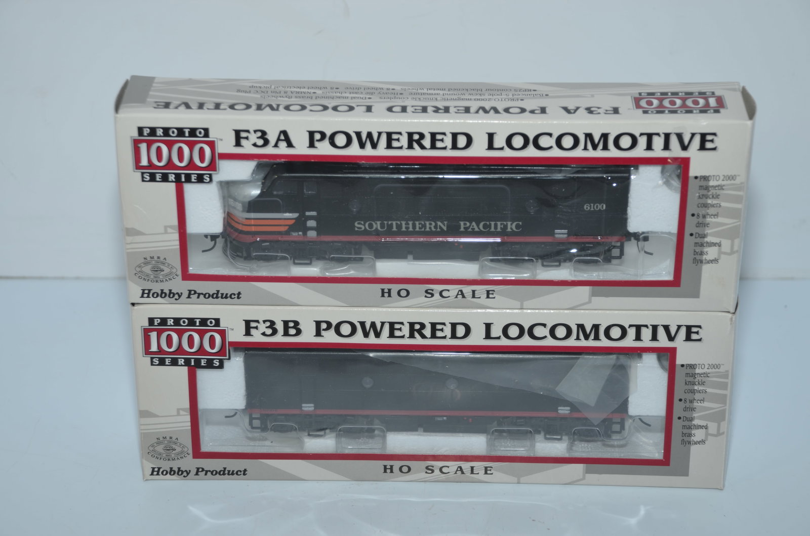 Southern Pacific RR Life-Like Proto 1000 F3A/B DC Diesel Locomotive Set-HO Scale: This is a Southern Pacific Railroad Life-Like Proto 1000 F3A/B DC diesel locomotive set in HO scale. The A unit is numbered 6100A and the B unit is numbered 6100B. They are new in the original box. Bo