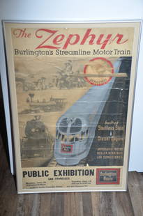 Chicago Burlington and Quincy RR 1934 Streamlined Zephyr Motor Train Poster: This is a Chicago Burlington and Quincy Railroad 1934 poster promoting the initial exhibition of the railroads Zephyr streamlined diesel passenger train, at San Francisco’s Southern Pacific