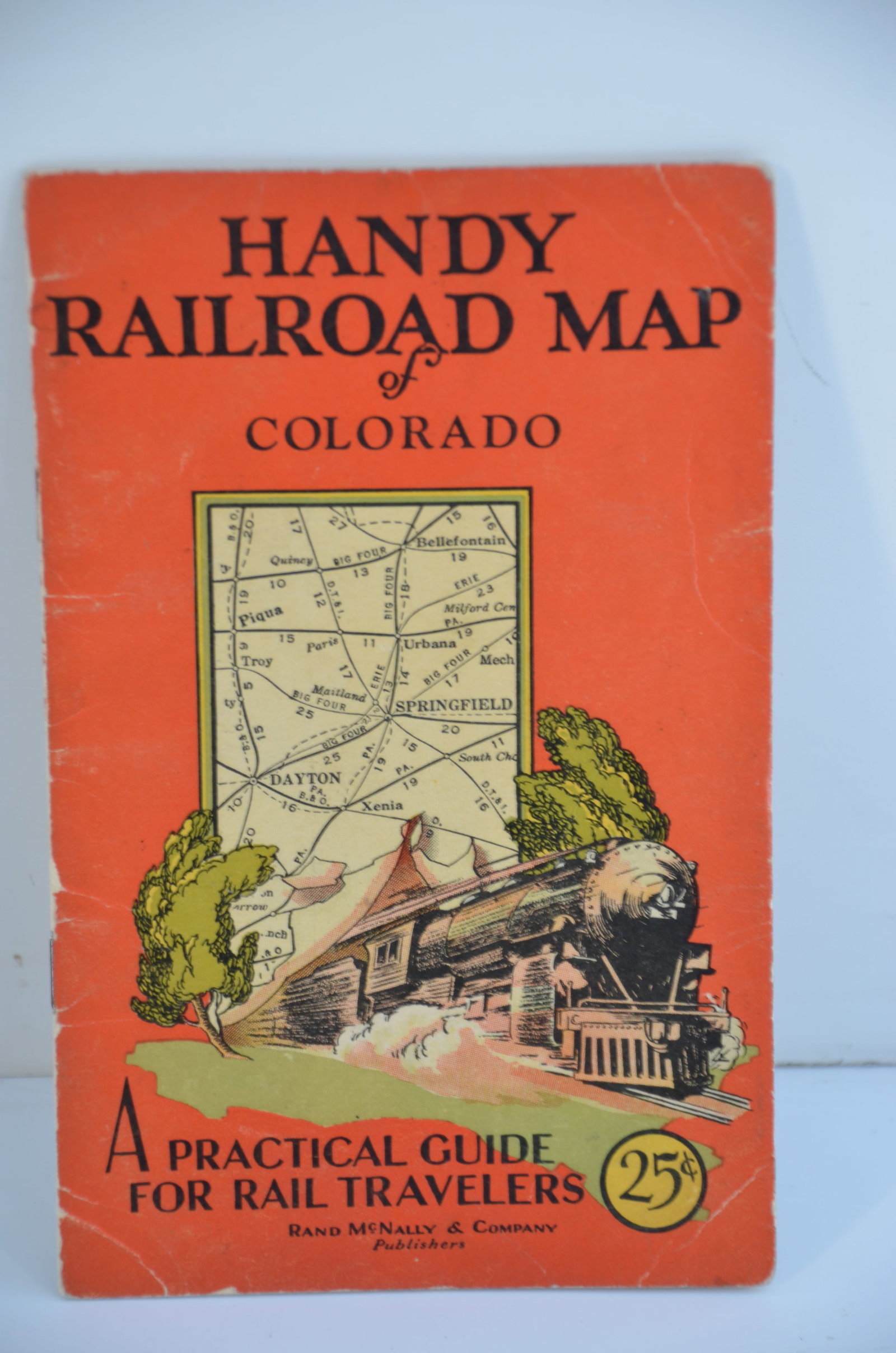 Rand McNally Railroad Map of Colorado-1929: This is a Rand McNally Railroad Map of Colorado dated 1929. Has a fold out map of all railroad lines and listings of all Colorado cities and towns. Fine used condition with no tears or frays. Contains