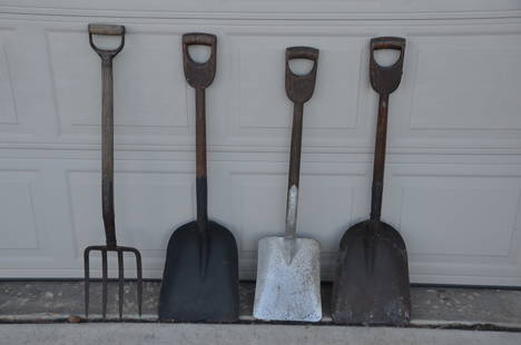 Four Assorted Coal Shovels and Pitchfork-Erie RR/New York Central RR: This is a lot of four railroad tools, including a pitchfork and three coal shovels. The pitchfork and one coal shovel are from the Erie Railroad, and are stamped ERIE RR. The other two shovels are fro