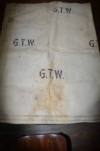 Grand Trunk Western RY Canvas Tarp: This is an item that is highly unusual and impossible to find! It is a large canvas tarp from the Grand Trunk Western Railway. G.T.W. is in numerous places on both sides of the huge tarp, which measur