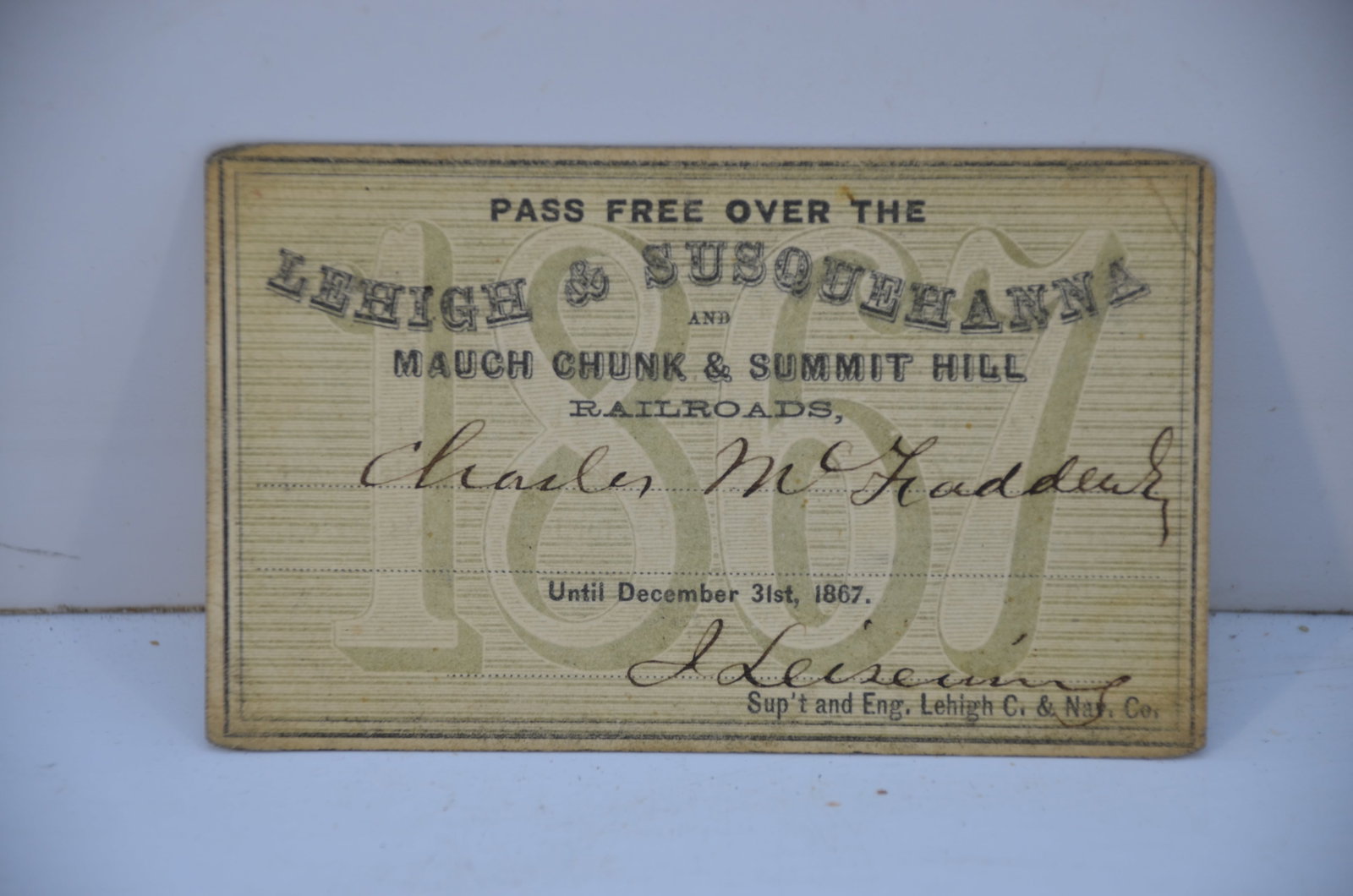 Lehigh and Susquehanna Railroad 1867 Pass (1 of 2)