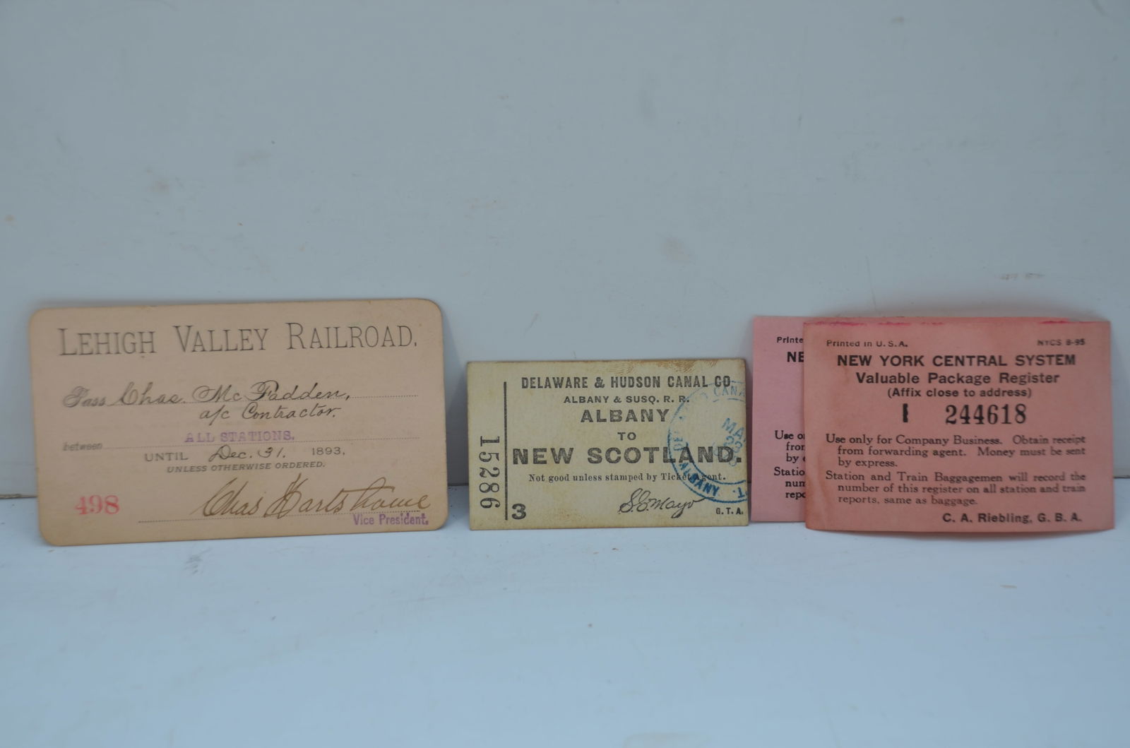 Lehigh Valley RR 1893 Pass; Delaware and Hudson Canal Co 1875 Ticket (1 of 2)