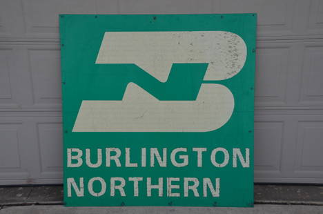 Burlington Northern RR Bridge Sign: This is a large Burlington Northern Railroad bridge sign. BN green with the standard BN logo. It was removed from a railroad bridge near Cameron, Missouri that spanned the interstate. But, it is the s