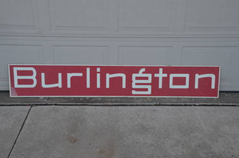 Large Burlington Route RR Fiberglass Trailer Sign: This is a large Burlington sign, from the Chicago Burlington and Quincy Railroaad, that came off of one of their 40 foot semi trailers. Fine original condition and brilliant red color. Slight wear on