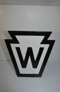 Pennsylvania RR Cast Iron M53845 Whistle Sign: This is a Pennsylvania Railroad cast iron whistle sign. Keystone shaped with M53845 cast on the back and W on the front. Excellent original piece that still has its original mounting bolt to attach th