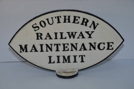 Southern RY Maintenance Limit Cast Iron Sign: This is a Southern Railway Maintenance Limit cast iron sign. Excellent original condition. Heavy item that measures 25 x 15 x 5 inches. Will require special packing for shipment. No cracks or breaks,